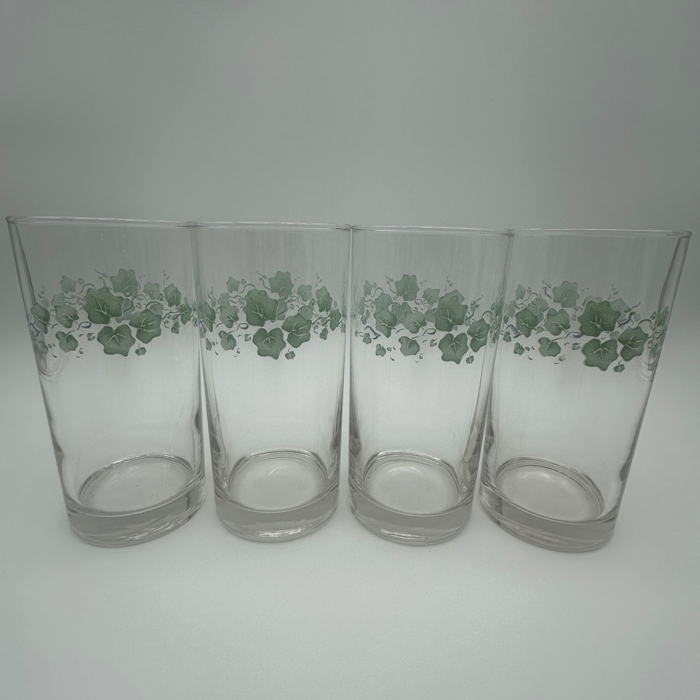 Corelle Callaway Iced Tea Glasses Green Ivy Leaf Clear Tumblers Set of 4